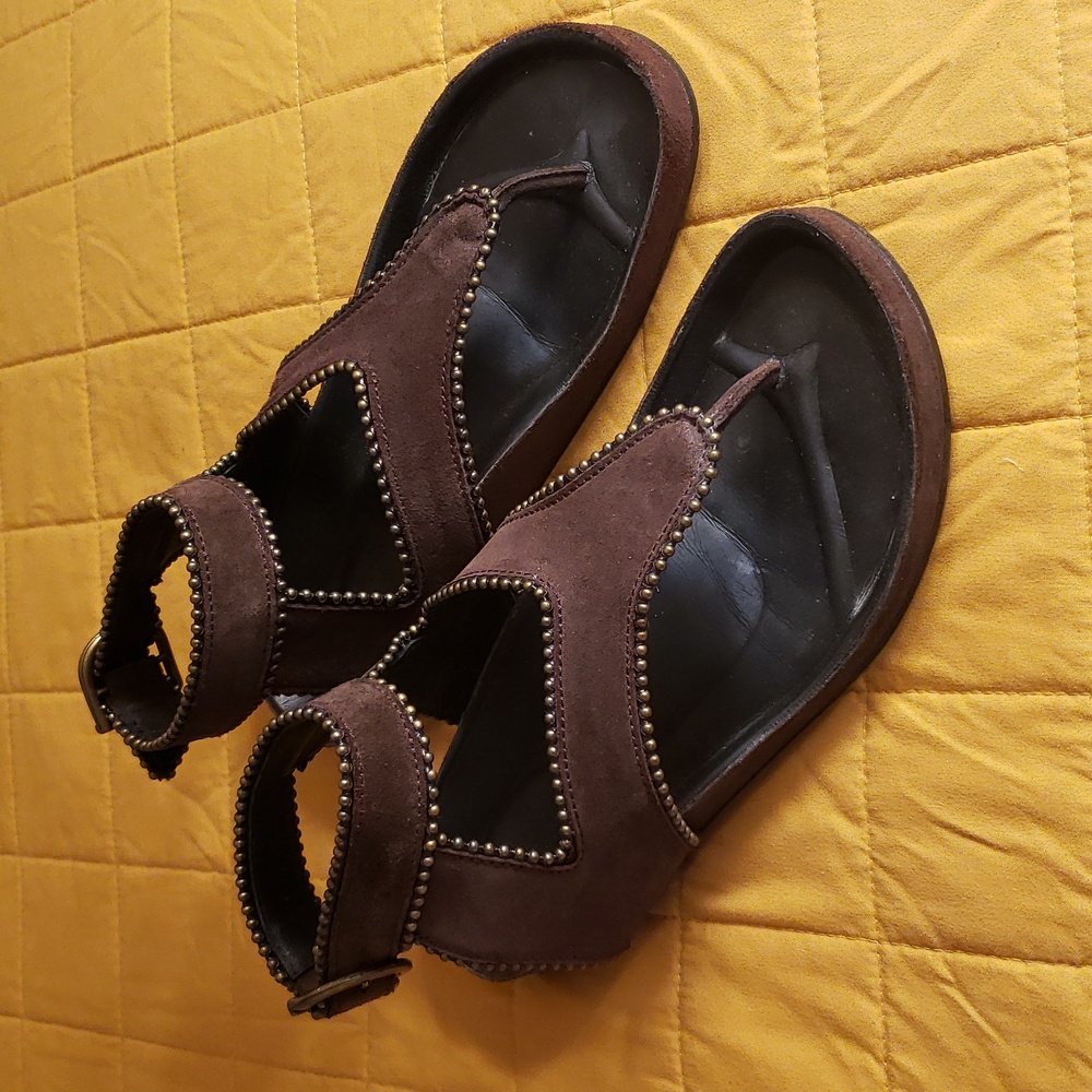 Sundance suede brown metal bead trimmed sandals